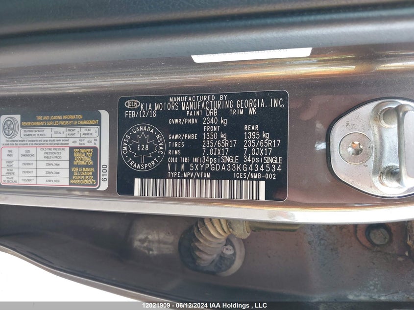 2019 Kia Sorento VIN: 5XYPGDA33KG434534 Lot: 12021909