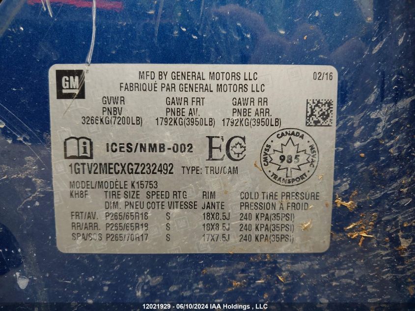 2016 GMC Sierra 1500 VIN: 1GTV2MECXGZ232492 Lot: 12021929