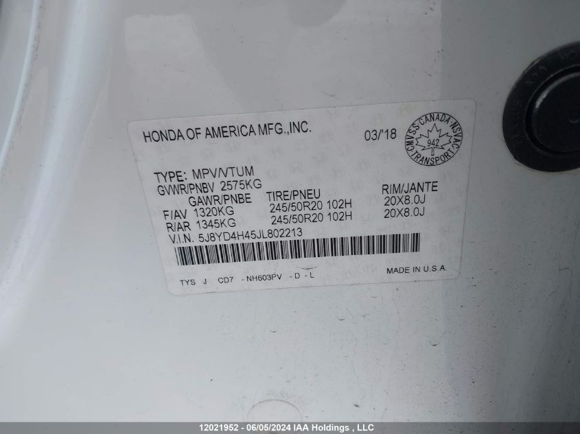 2018 Acura Mdx VIN: 5J8YD4H45JL802213 Lot: 12021952