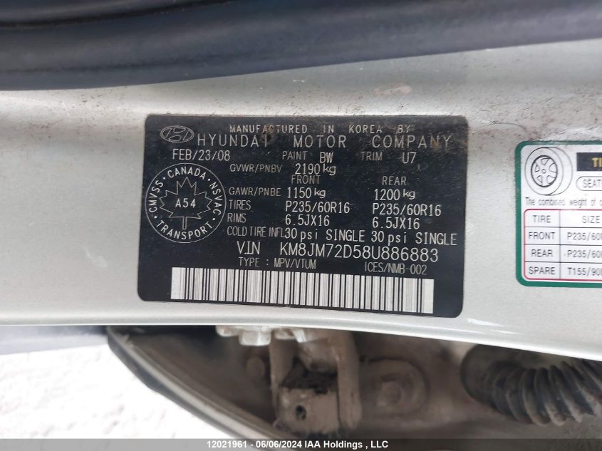 2008 Hyundai Tucson VIN: KM8JM72D58U886883 Lot: 12021961