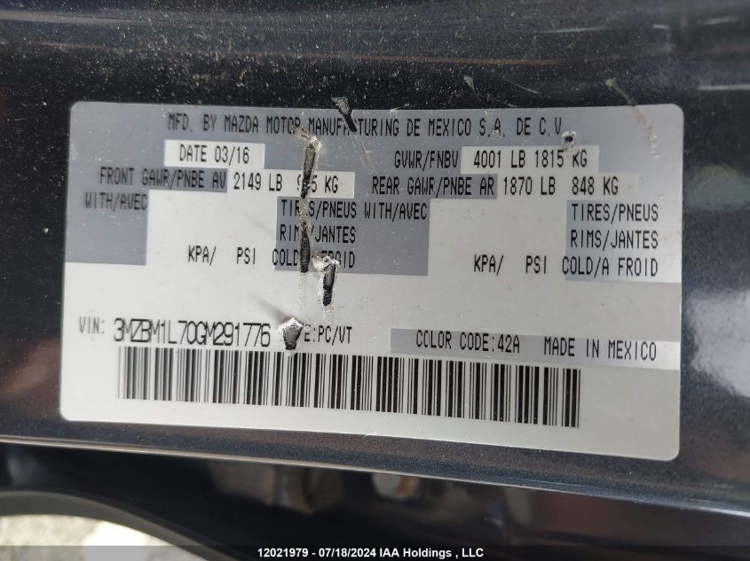 2016 Mazda Mazda3 VIN: 3MZBM1L70GM291776 Lot: 12021979