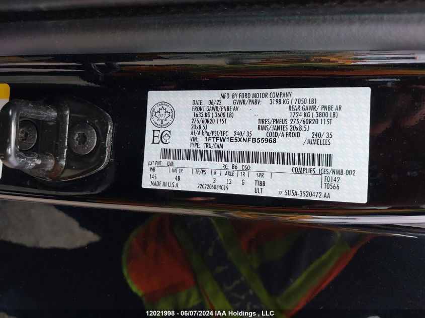 2022 Ford F150 Supercrew VIN: 1FTFW1E5XNFB55968 Lot: 12021998