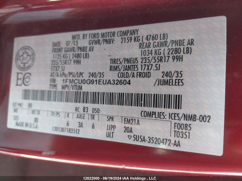 2014 Ford Escape Se VIN: 1FMCU0G91EUA32604 Lot: 12022000