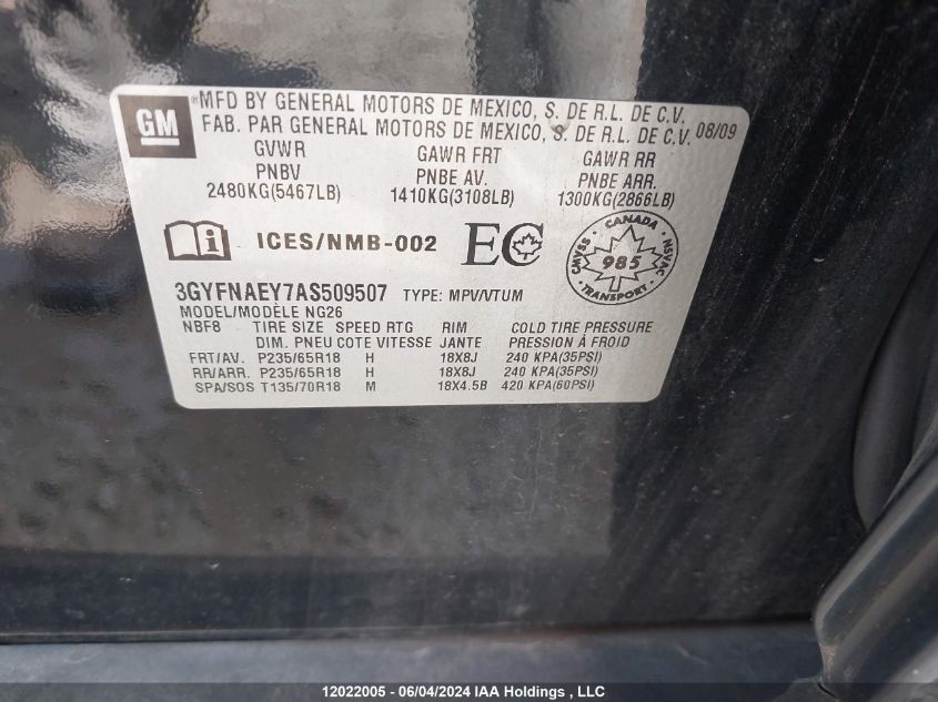 2010 Cadillac Srx V6 4Dr 2Wd VIN: 3GYFNAEY7AS509507 Lot: 12022005