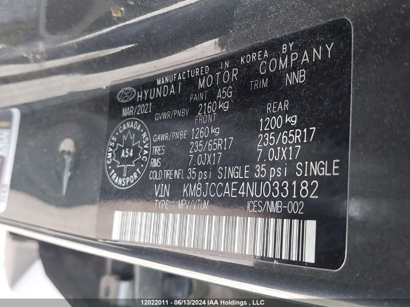2022 Hyundai Tucson Preferred Awd With Trend Package VIN: KM8JCCAE4NU033182 Lot: 12022011