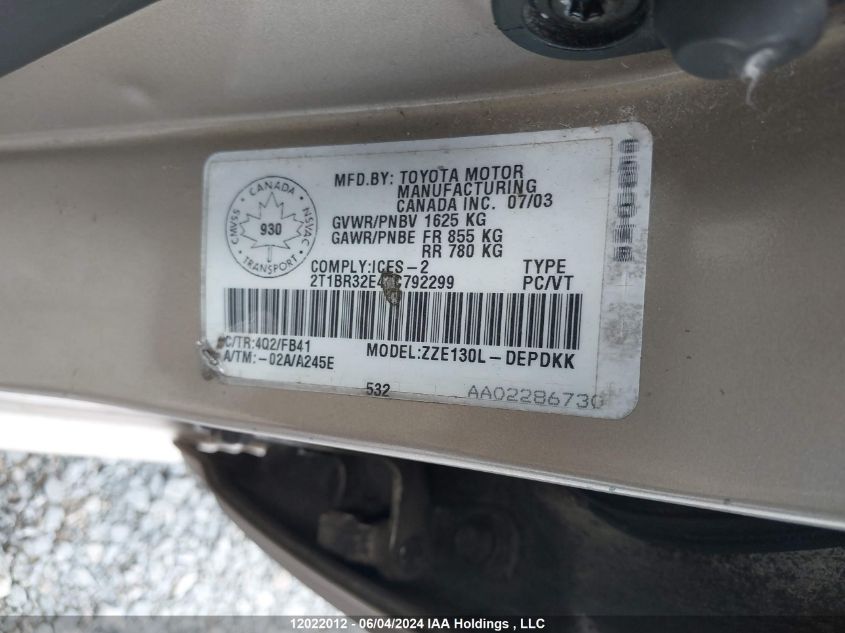 2004 Toyota Corolla Ce/Le/S VIN: 2T1BR32E44C792299 Lot: 12022012