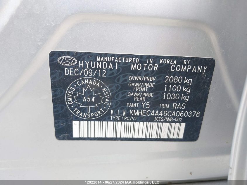 2012 Hyundai Sonata Hybrid VIN: KMHEC4A46CA060378 Lot: 12022014
