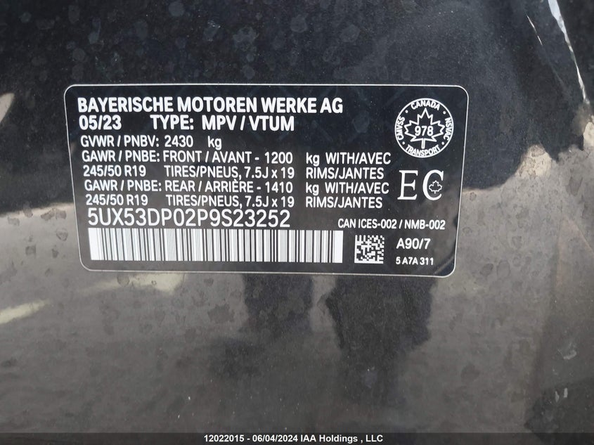 2023 BMW X3 VIN: 5UX53DP02P9S23252 Lot: 12022015