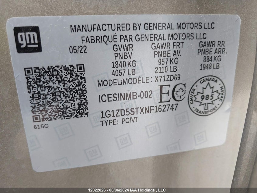 2022 Chevrolet Malibu VIN: 1G1ZD5STXNF162747 Lot: 12022026