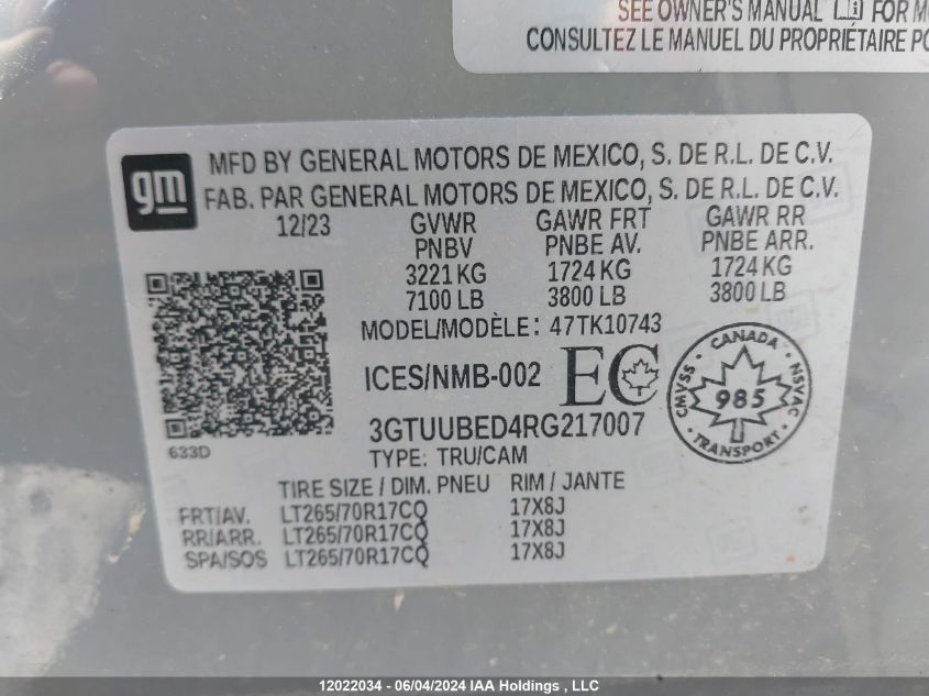 2024 GMC Sierra 1500 VIN: 3GTUUBED4RG217007 Lot: 12022034