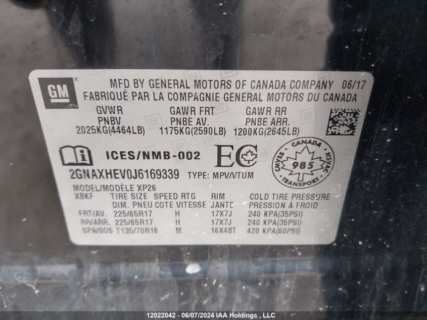 2018 Chevrolet Equinox Ls VIN: 2GNAXHEV0J6169339 Lot: 12022042