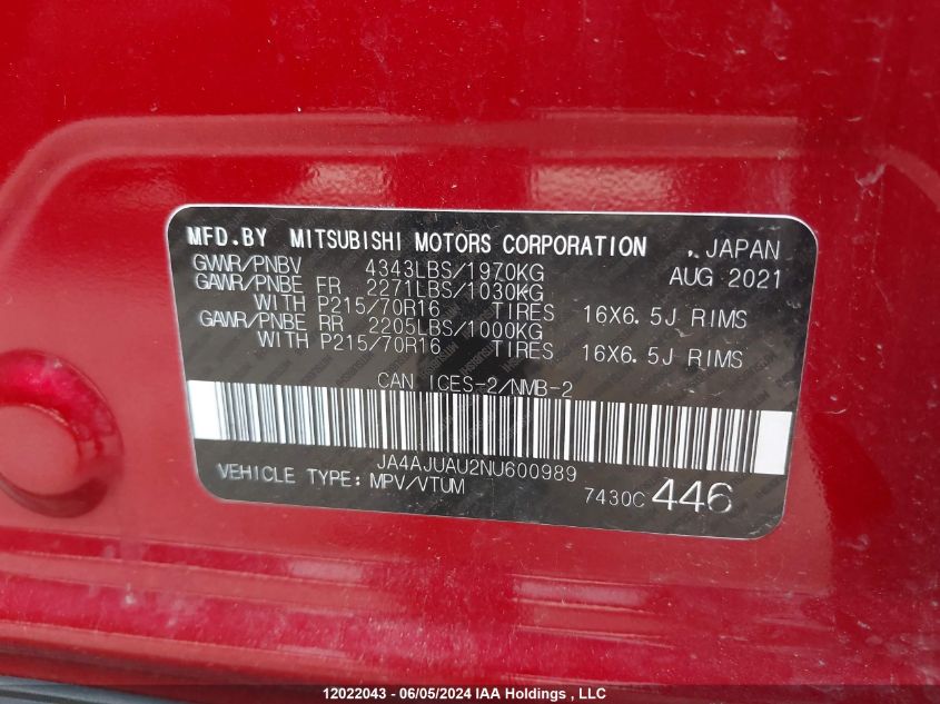 2022 Mitsubishi Rvr VIN: JA4AJUAU2NU600989 Lot: 12022043