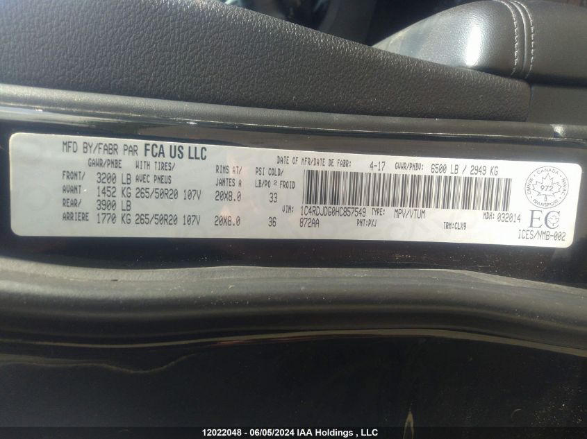 2017 Dodge Durango Gt VIN: 1C4RDJDG0HC857549 Lot: 12022048