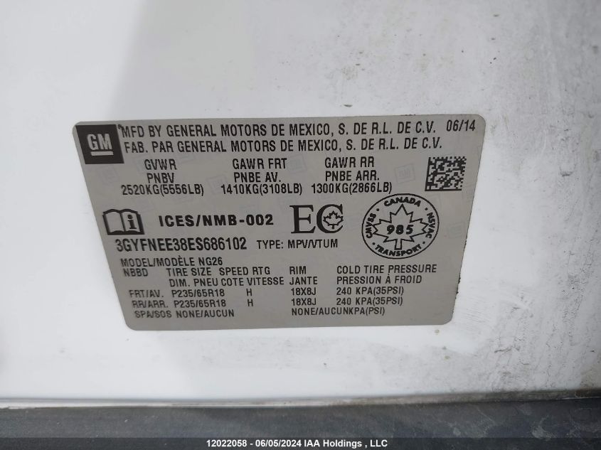 2014 Cadillac Srx VIN: 3GYFNEE38ES686102 Lot: 12022058