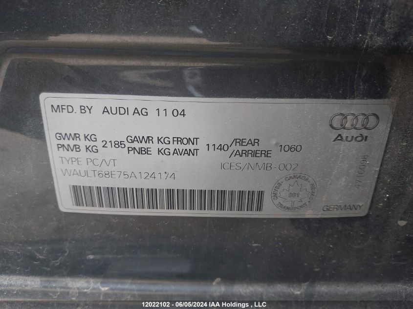 2005 Audi A4 3.0 Quattro/Special VIN: WAULT68E75A124174 Lot: 12022102