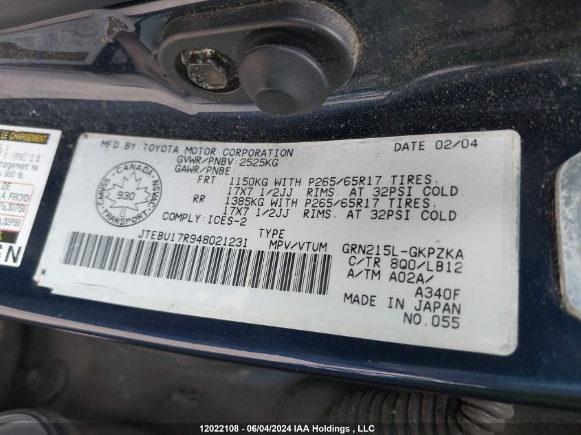 2004 Toyota 4Runner Limited V6 VIN: JTEBU17R948021231 Lot: 12022108