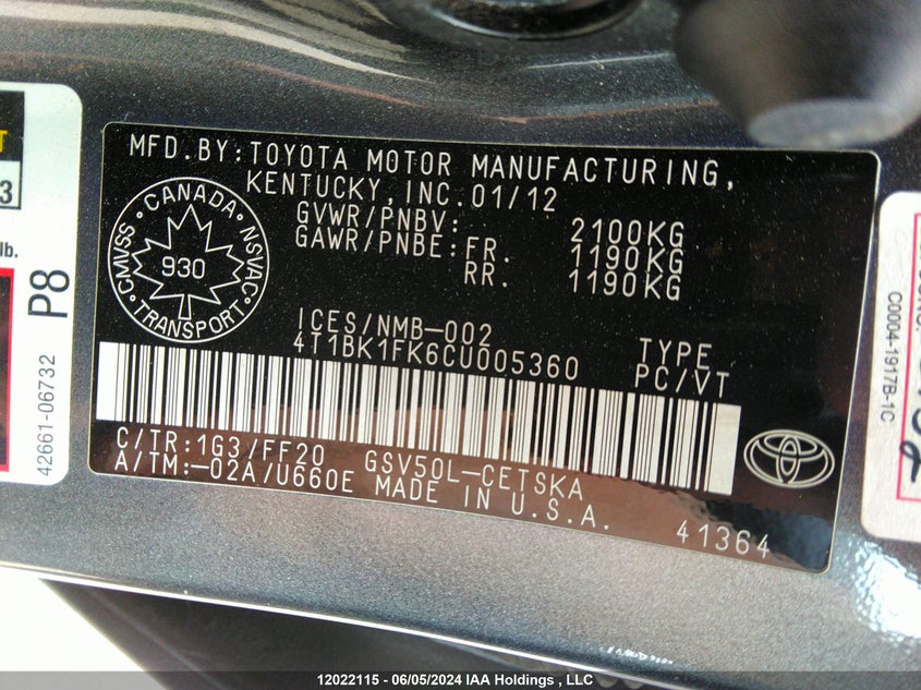 2012 Toyota Camry Se/Xle VIN: 4T1BK1FK6CU005360 Lot: 12022115