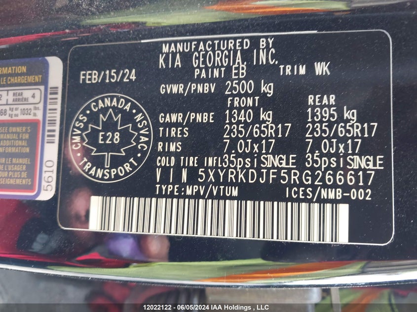 2024 Kia Sorento VIN: 5XYRKDJF5RG266617 Lot: 12022122