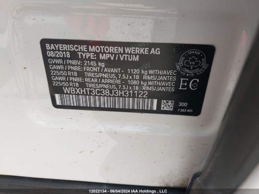 2018 BMW X1 VIN: WBXHT3C38J3H31122 Lot: 12022134