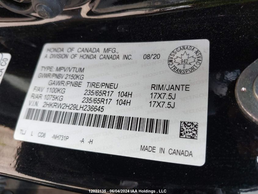 2020 Honda Cr-V Lx VIN: 2HKRW2H29LH236645 Lot: 12022135