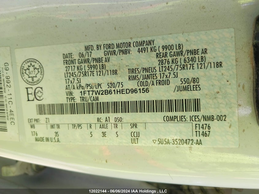 2017 Ford F250 Super Duty VIN: 1FT7W2B61HED96156 Lot: 12022144