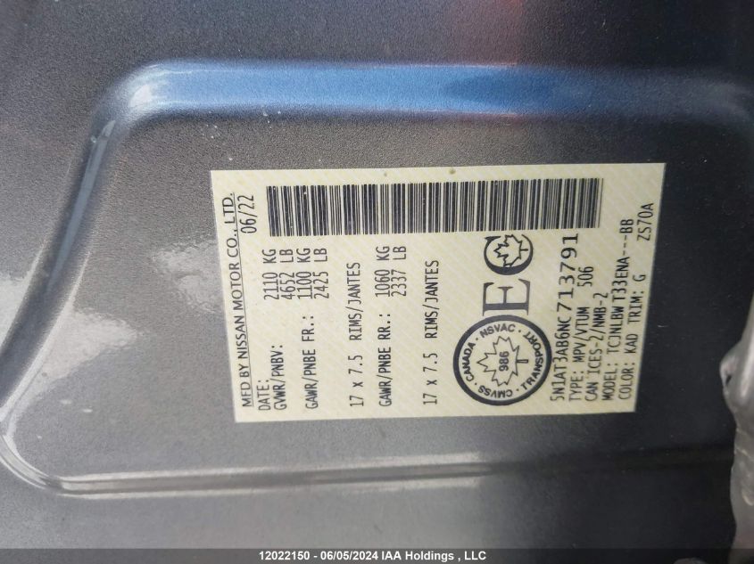 2022 Nissan Rogue VIN: 5N1AT3AB6NC713791 Lot: 12022150