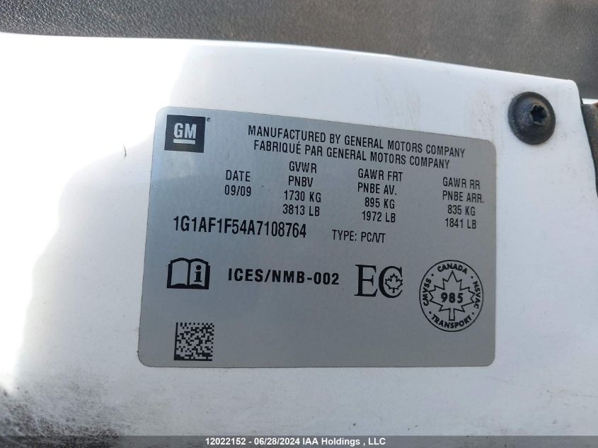2010 Chevrolet Cobalt VIN: 1G1AF1F54A7108764 Lot: 12022152