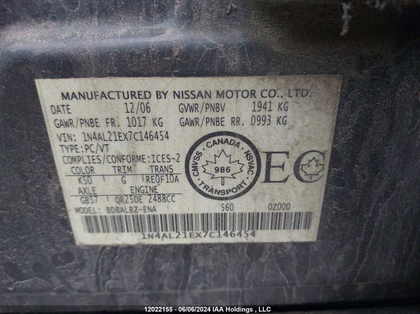 2007 Nissan Altima 2.5/2.5S VIN: 1N4AL21EX7C146454 Lot: 12022155