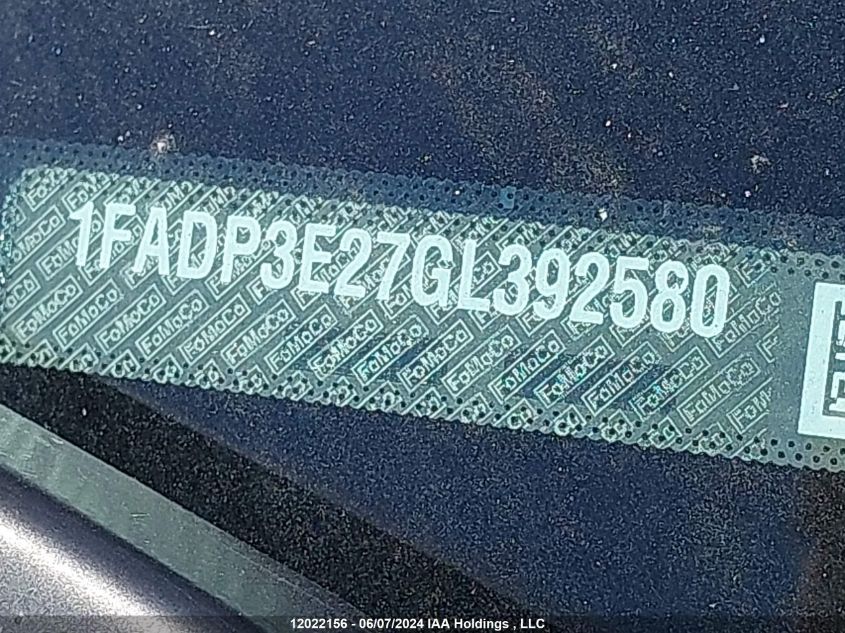 2016 Ford Focus S VIN: 1FADP3E27GL392580 Lot: 12022156