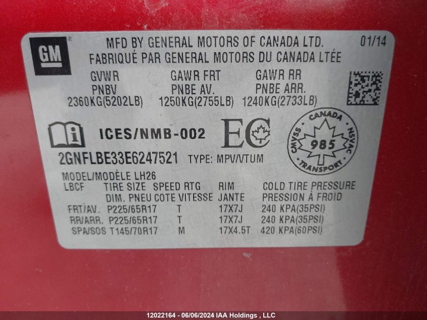 2014 Chevrolet Equinox VIN: 2GNFLBE33E6247521 Lot: 12022164