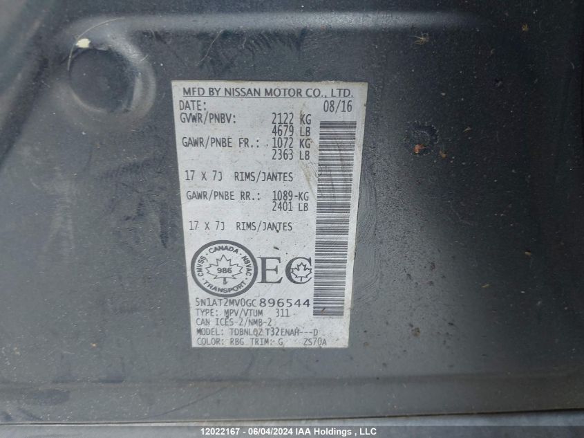 2016 Nissan Rogue VIN: 5N1AT2MV0GC896544 Lot: 12022167