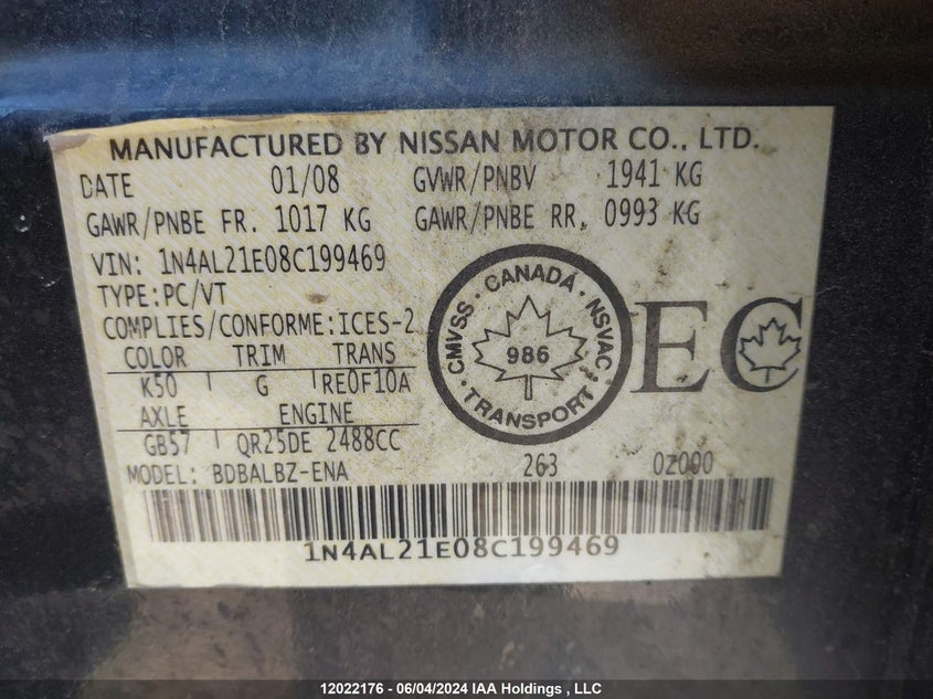 2008 Nissan Altima 2.5/2.5S VIN: 1N4AL21E08C199469 Lot: 12022176