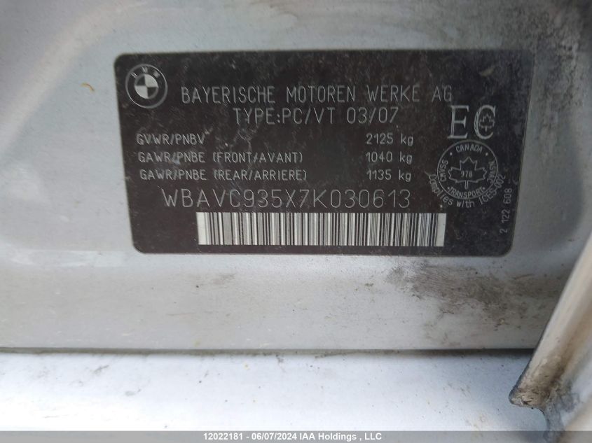 2007 BMW 328 Xi VIN: WBAVC935X7K030613 Lot: 12022181