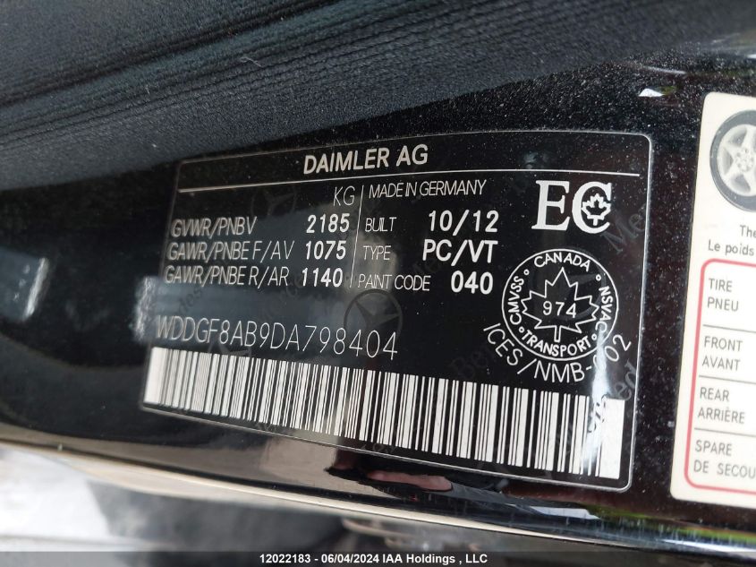 2013 Mercedes-Benz C-Class VIN: WDDGF8AB9DA798404 Lot: 12022183