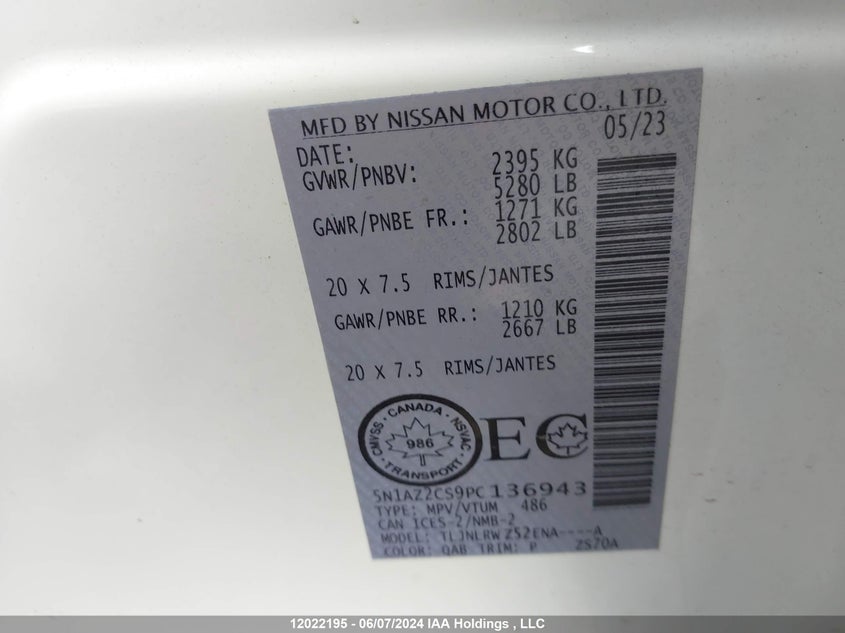 2023 Nissan Murano Sl VIN: 5N1AZ2CS9PC136943 Lot: 12022195