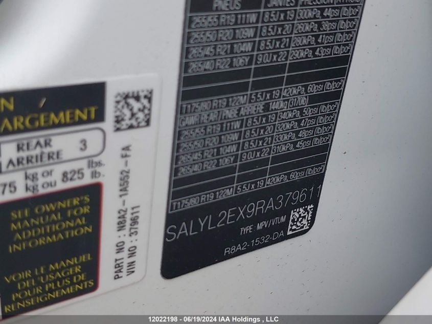 2024 Land Rover Range Rover Velar VIN: SALYL2EX9RA379611 Lot: 12022198