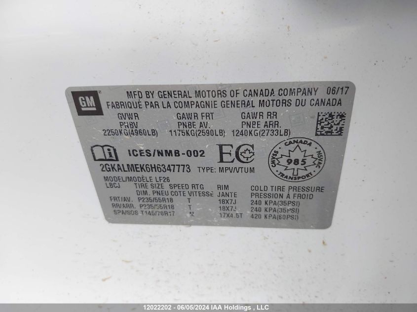 2017 GMC Terrain VIN: 2GKALMEK6H6347773 Lot: 12022202