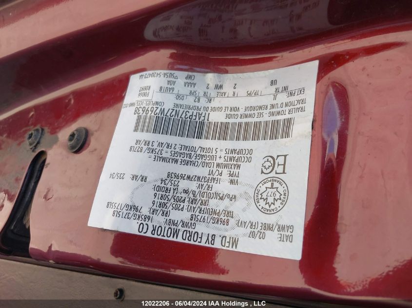 2007 Ford Focus VIN: 1FAFP37N27W269638 Lot: 12022206