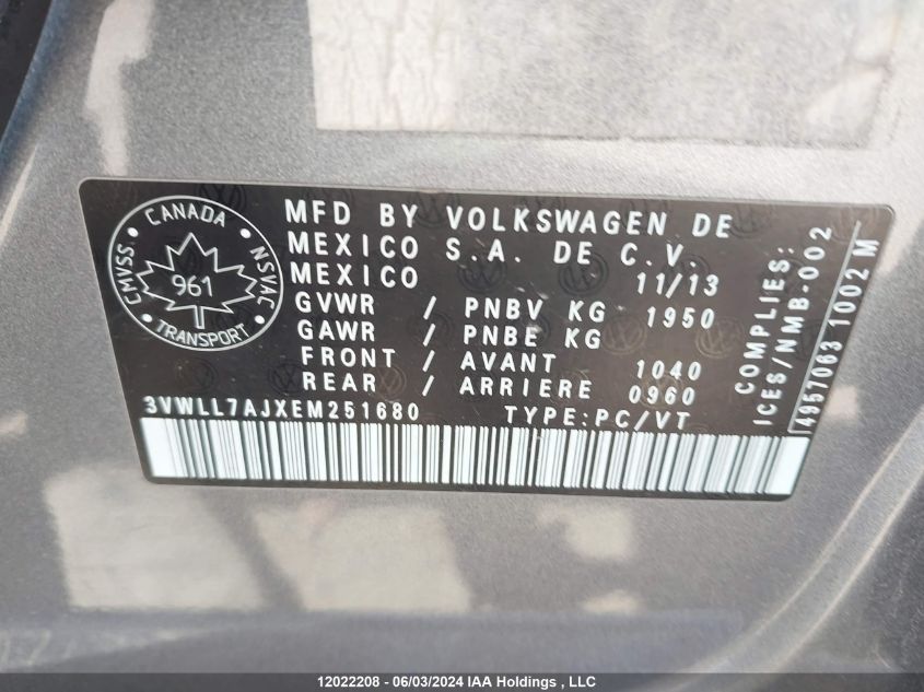 2014 Volkswagen Jetta Tdi VIN: 3VWLL7AJXEM251680 Lot: 12022208