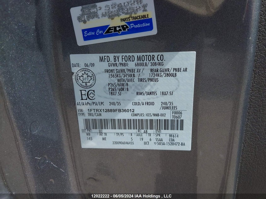 2009 Ford F150 Super Cab VIN: 1FTRX12889FB36012 Lot: 12022222