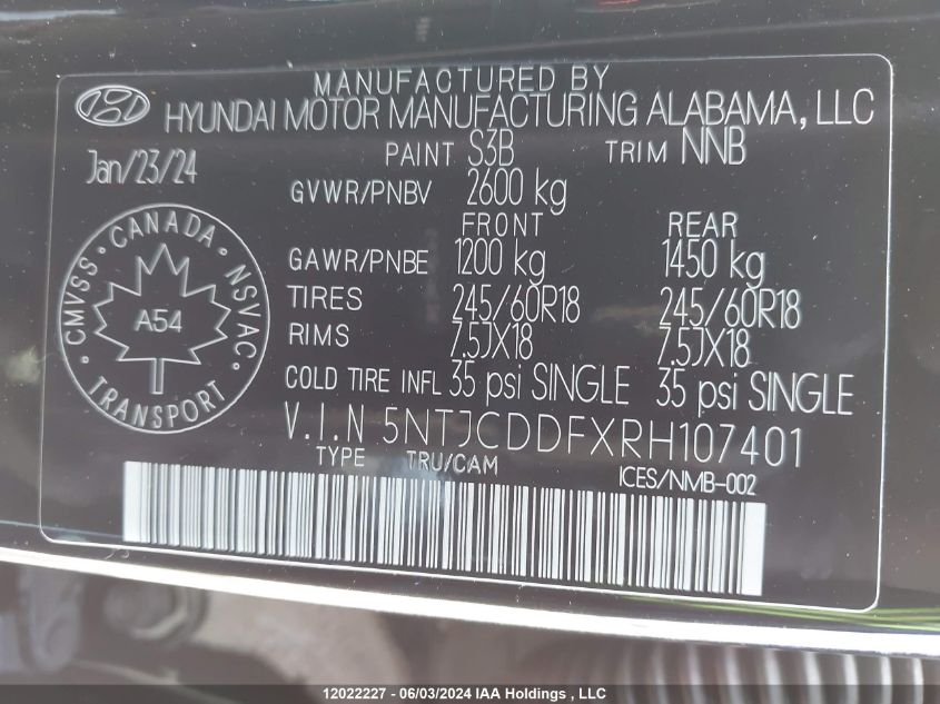 2024 Hyundai Santa Cruz Preferred VIN: 5NTJCDDFXRH107401 Lot: 12022227