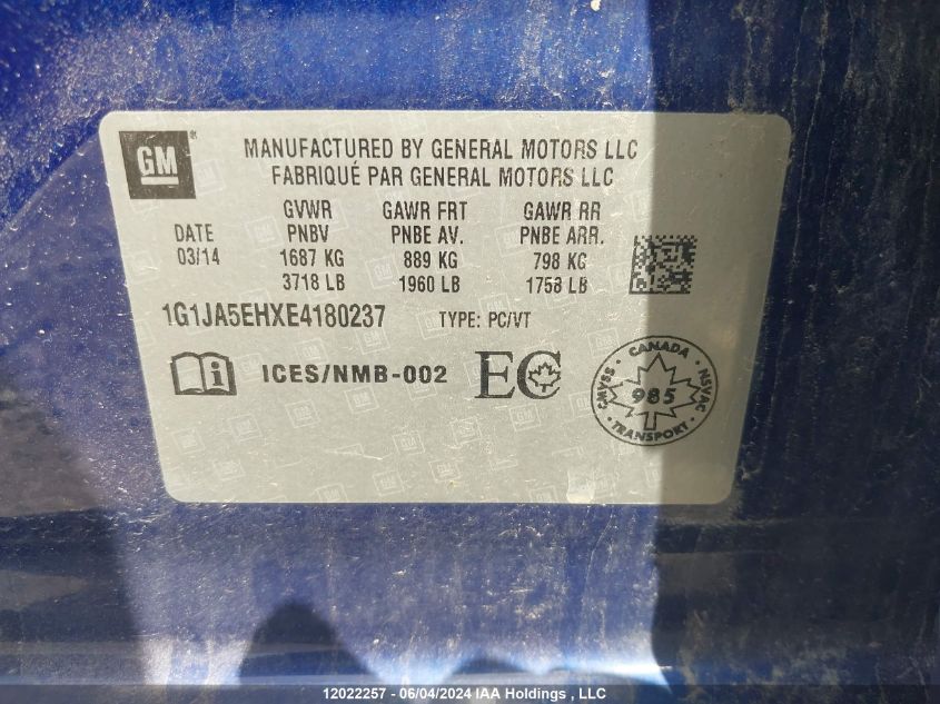 2014 Chevrolet Sonic VIN: 1G1JA5EHXE4180237 Lot: 12022257