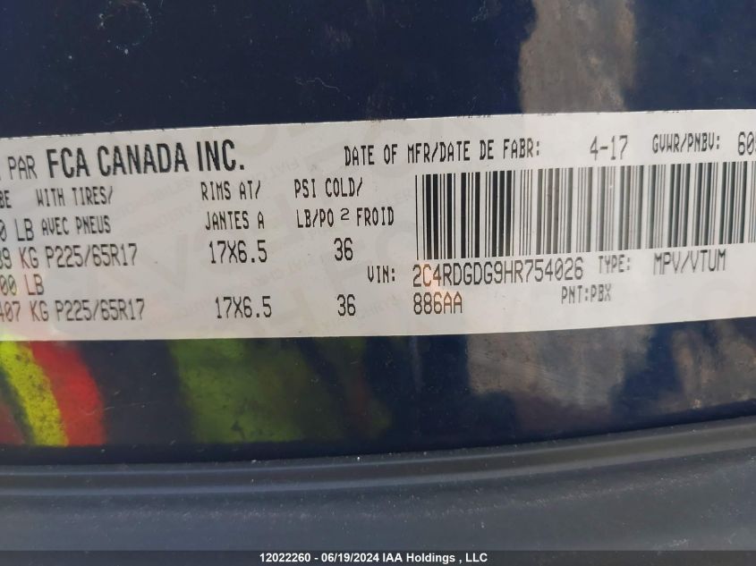 2017 Dodge Grand Caravan Crew VIN: 2C4RDGDG9HR754026 Lot: 12022260