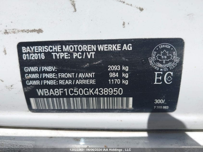 2016 BMW 328 D xDrive VIN: WBA8F1C50GK438950 Lot: 12022263