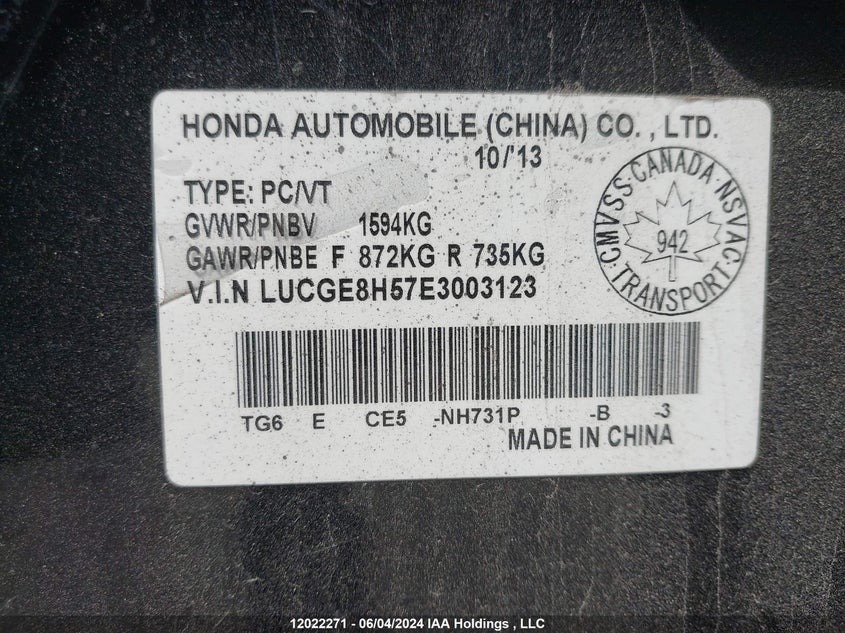 2014 Honda Fit Lx VIN: LUCGE8H57E3003123 Lot: 12022271