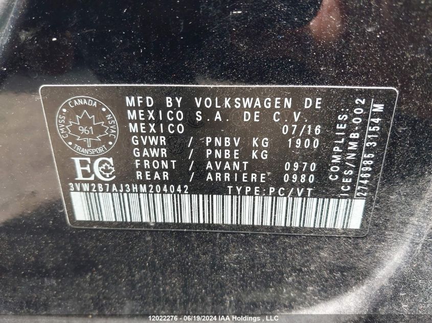 2017 Volkswagen Jetta VIN: 3VW2B7AJ3HM204042 Lot: 12022276