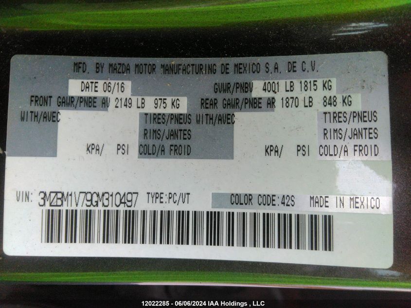 2016 Mazda 3 Touring VIN: 3MZBM1V79GM310497 Lot: 12022285