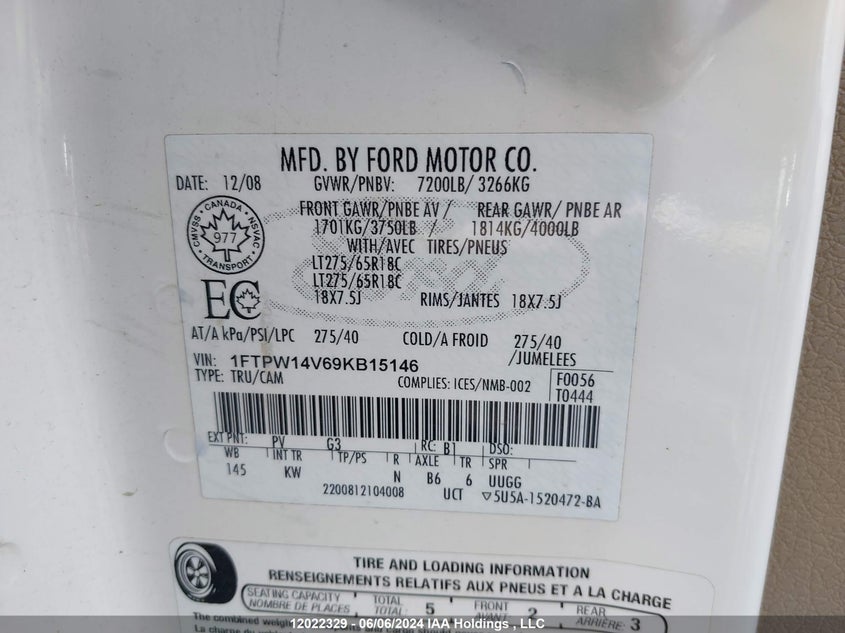 2009 Ford F-150 VIN: 1FTPW14V69KB15146 Lot: 12022329