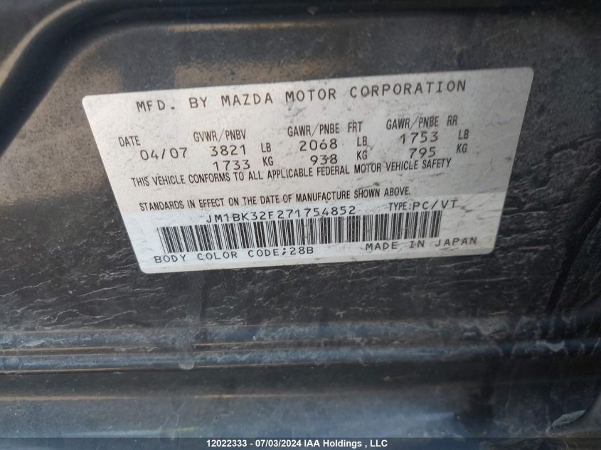 2007 Mazda Mazda3 VIN: JM1BK32F271754852 Lot: 12022333