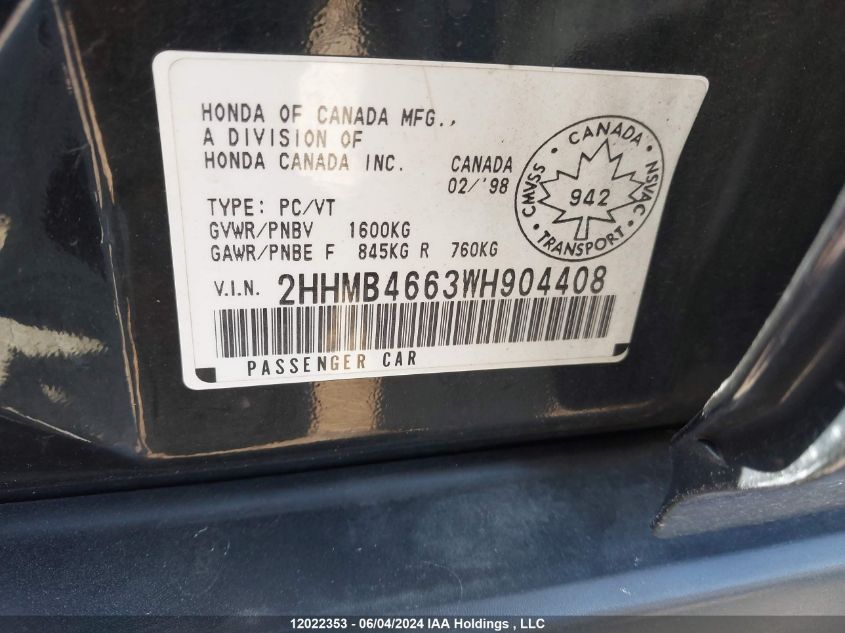 1998 Acura El VIN: 2HHMB4663WH904408 Lot: 12022353